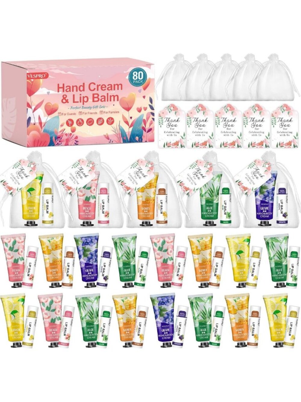80 Sets Hand Cream & Lip Balm Gift Set, Perfect for Bridesmaids, Teachers